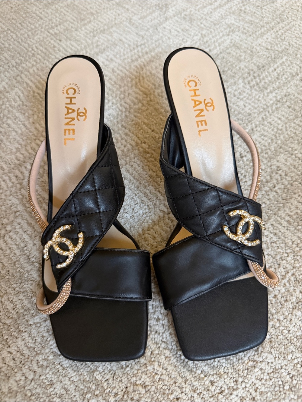 CHANEL Black Quilted Leather Slide Sandals with Gold CC Rhinestone Logos